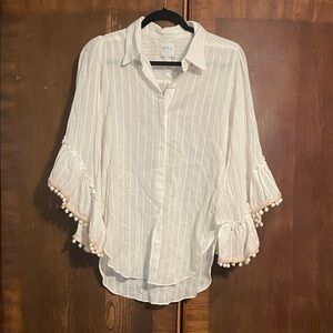 MISA Rehmy blouse, ivory and gold with Pom pom trim on flounce sleeves. Size S